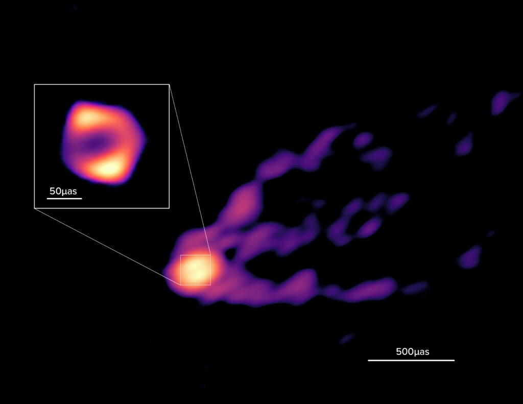 Plasma emitted from the right side of a central orange blob; inset show more blob detail, including a glowing ring