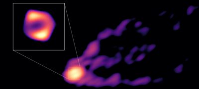 A purple and orange image of a central ring, with plasma emerging to the right. An inset diagram shows an orange ring in more detail.