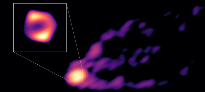 A purple and orange image of a central ring, with plasma emerging to the right. An inset diagram shows an orange ring in more detail.